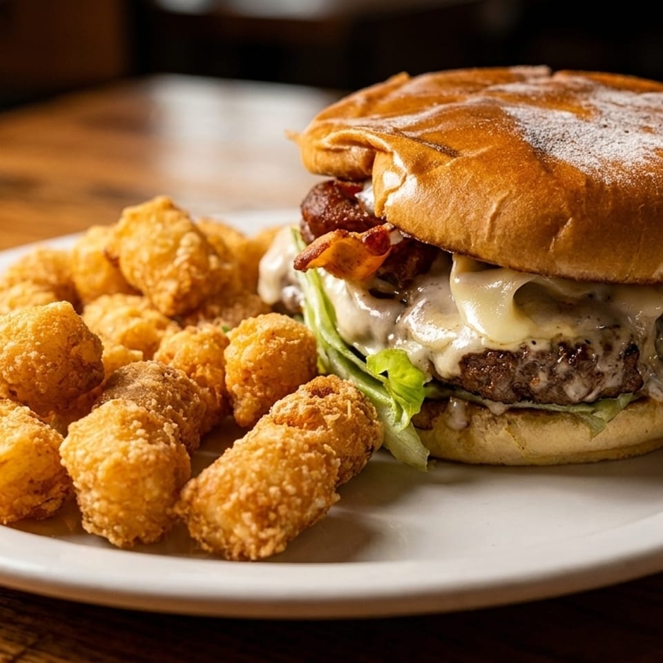 A juicy burger with melted cheese, bacon, and lettuce, served with crispy tater tots.