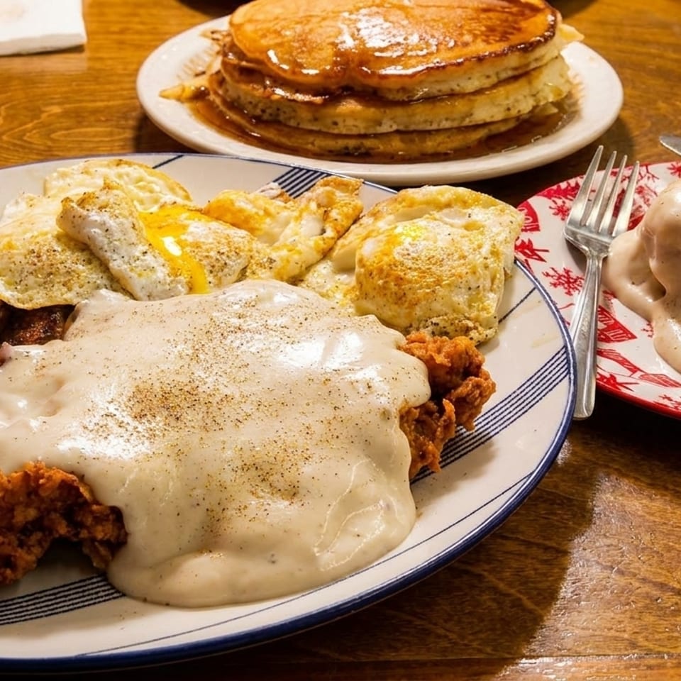 A hearty breakfast spread with chicken fried steak, eggs, home fries, pancakes, and biscuits with gravy.