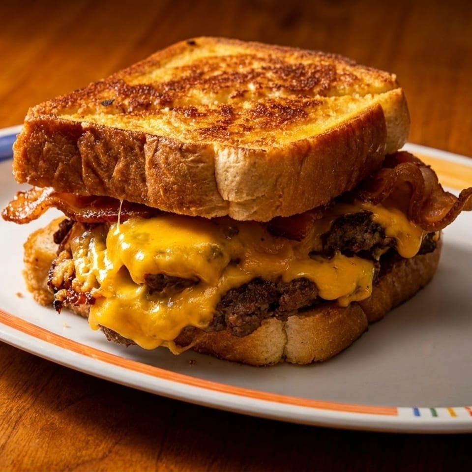 A grilled cheese sandwich with two beef patties, melted cheese, and bacon on a white plate.