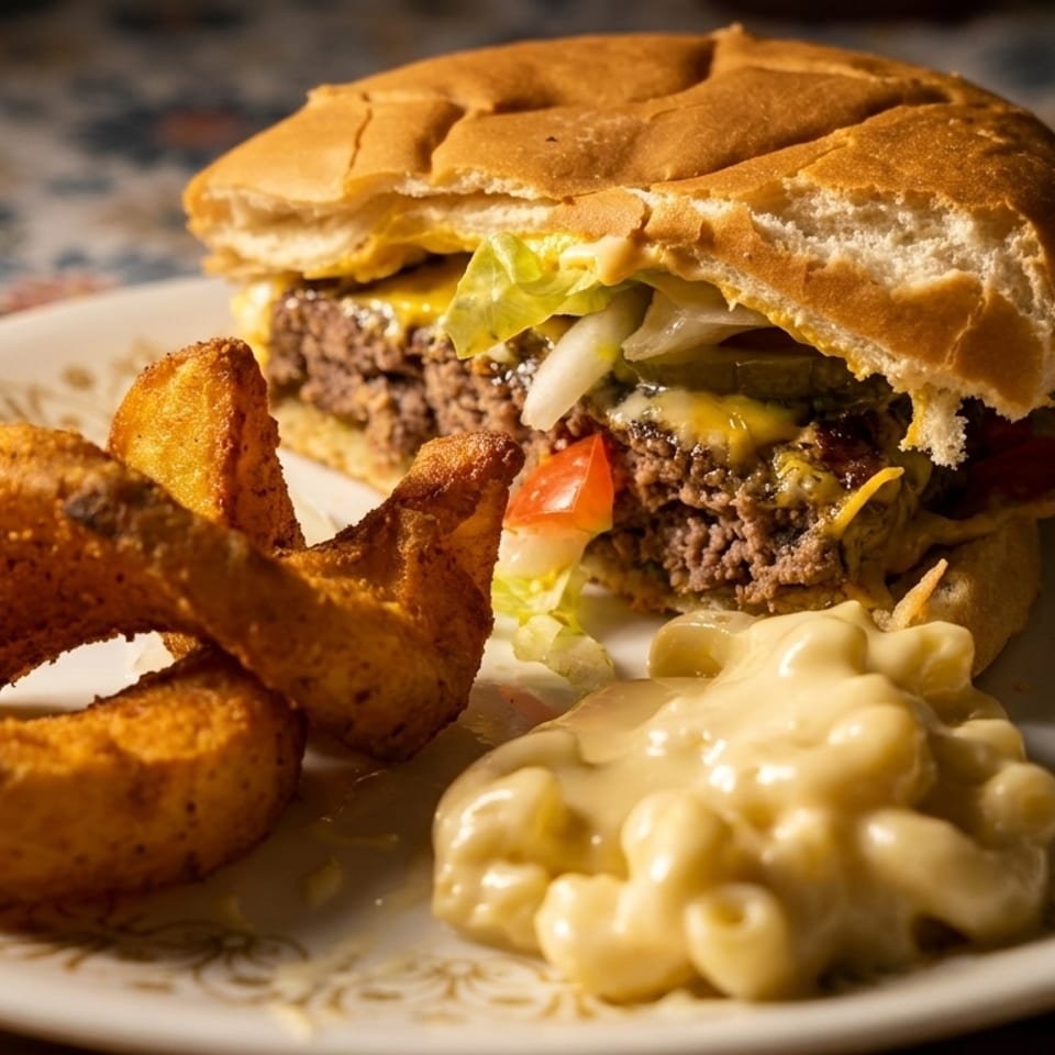 Cheeseburger with lettuce, tomato, and onion, served with potato wedges and macaroni and cheese.
