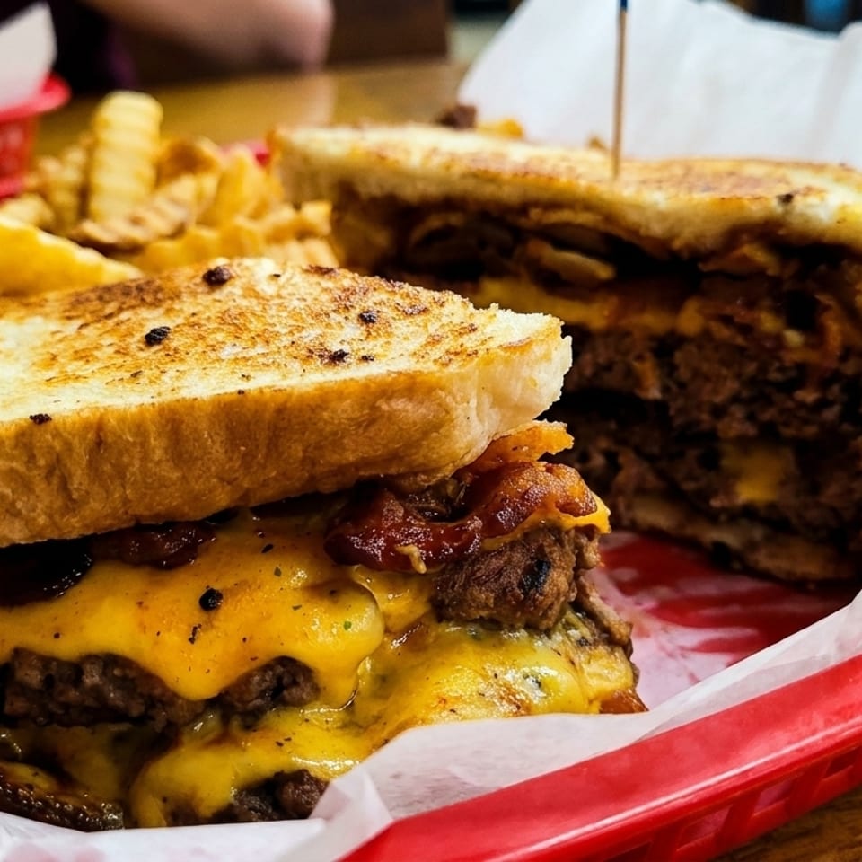Two grilled cheese burgers with melted cheese, bacon, and crinkle-cut fries in red baskets.