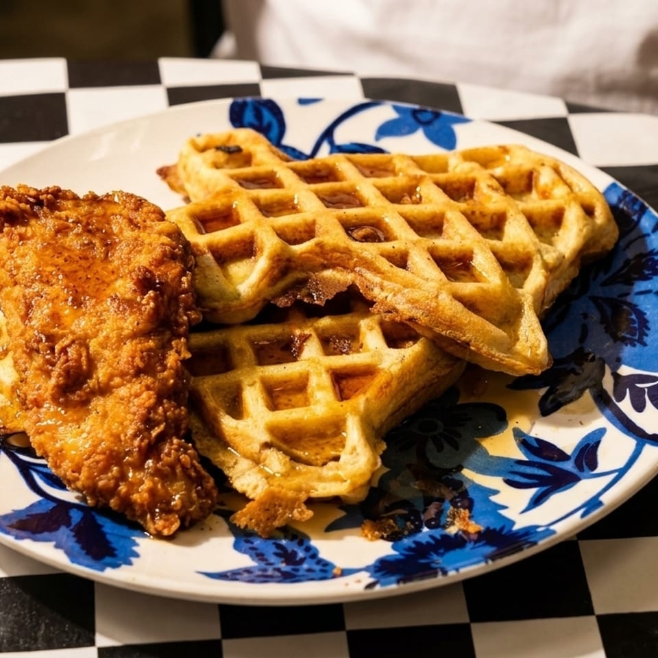 Crispy fried chicken and two golden waffles drizzled with syrup on a blue and white plate.